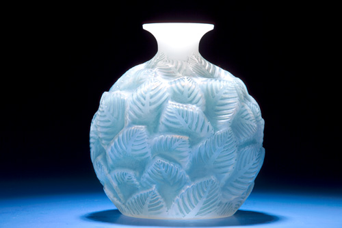 Appraisal: R LALIQUE Vase Ormeaux cased opalescent with blue patina ca