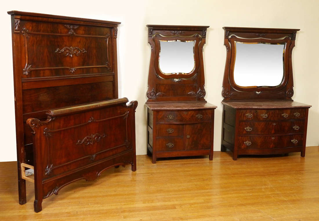 Appraisal: PIECE BURL WALNUT BEDROOM SET Early th century to include