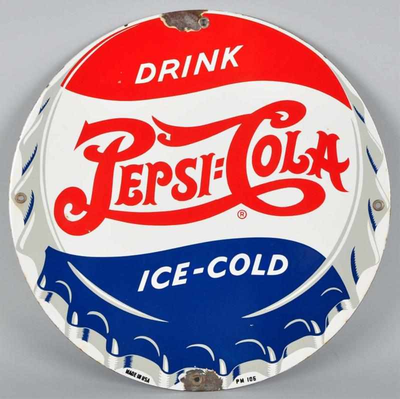 Appraisal: s Porcelain Pepsi-Cola Bottle Cap Sign Description Has chipping at