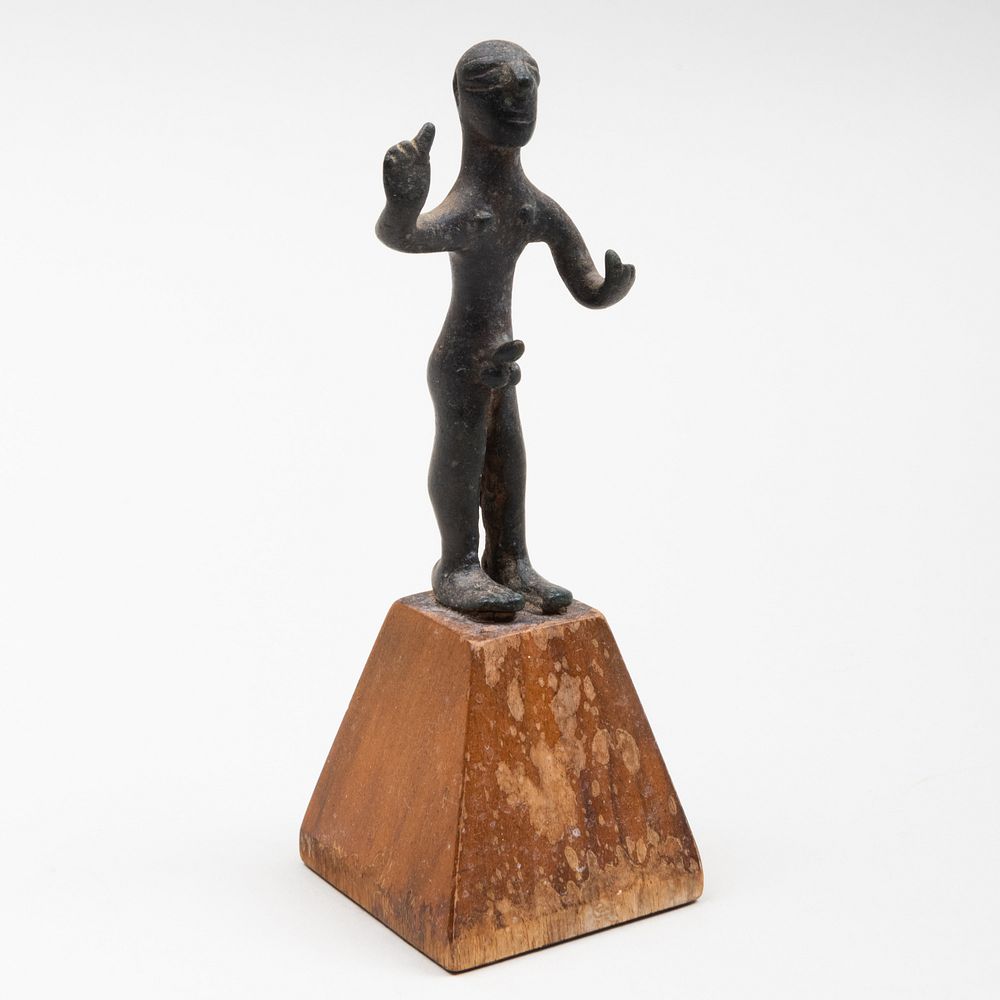 Appraisal: Early Culture Bronze Figure with Penis Raised on wood base