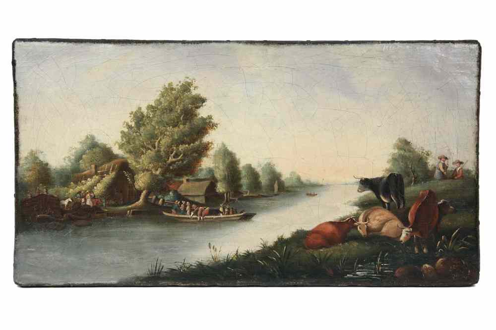 Appraisal: OOC - th c Italian River Scene with Ferry Boat