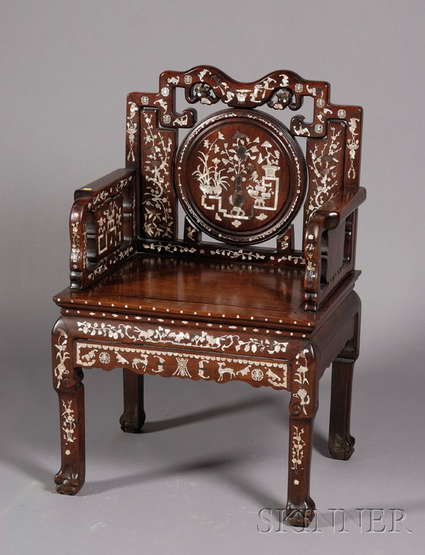 Appraisal: Inlaid Chair China th century rosewood inlaid with mother-of pearl