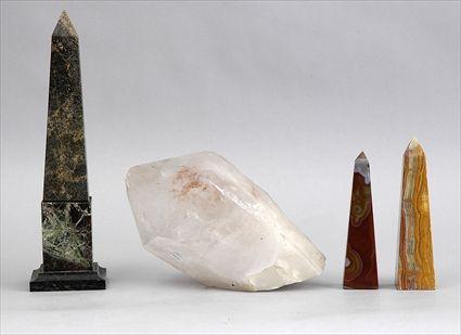 Appraisal: LARGE ROCK CRYSTAL SPECIMEN AND THREE DECORATIVE MARBLE OBELISKS The