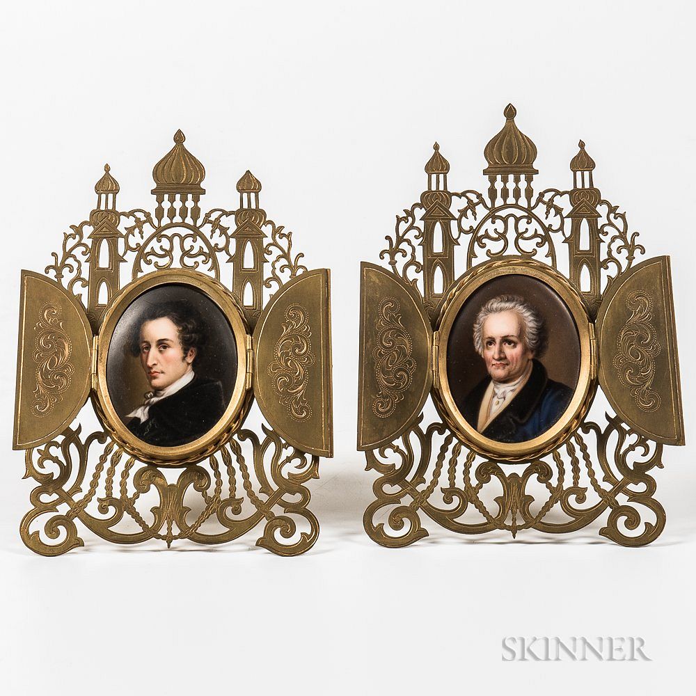 Appraisal: Pair of Porcelain-mounted Brass Frames Pair of Porcelain-mounted Brass Frames