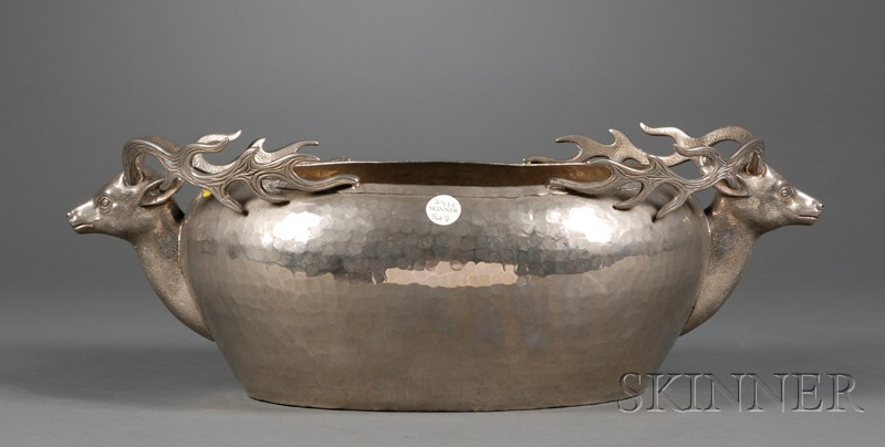 Appraisal: Modern Silvered Metal Jardiniere Bowl with Deer Heads made in