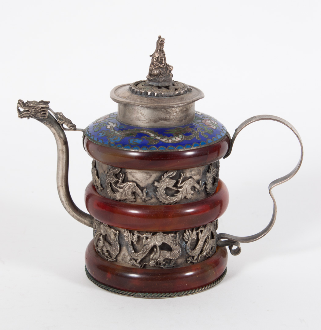 Appraisal: Chinese silver plate hardstone-mounted teapot th century silver-plated body with