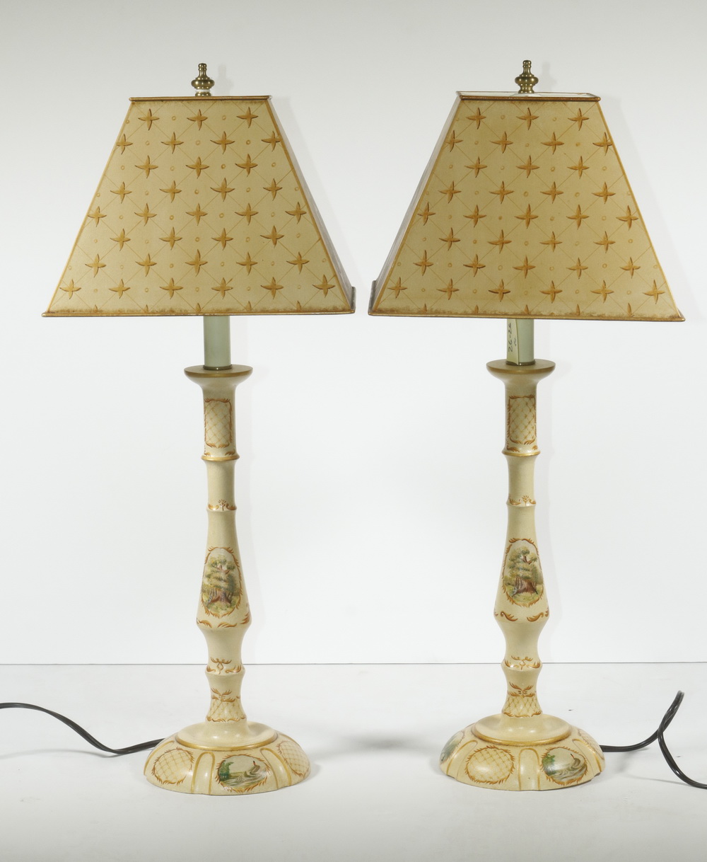 Appraisal: PR OF CUSTOM DECORATED WOODEN BASE TABLE LAMPS Table lamps