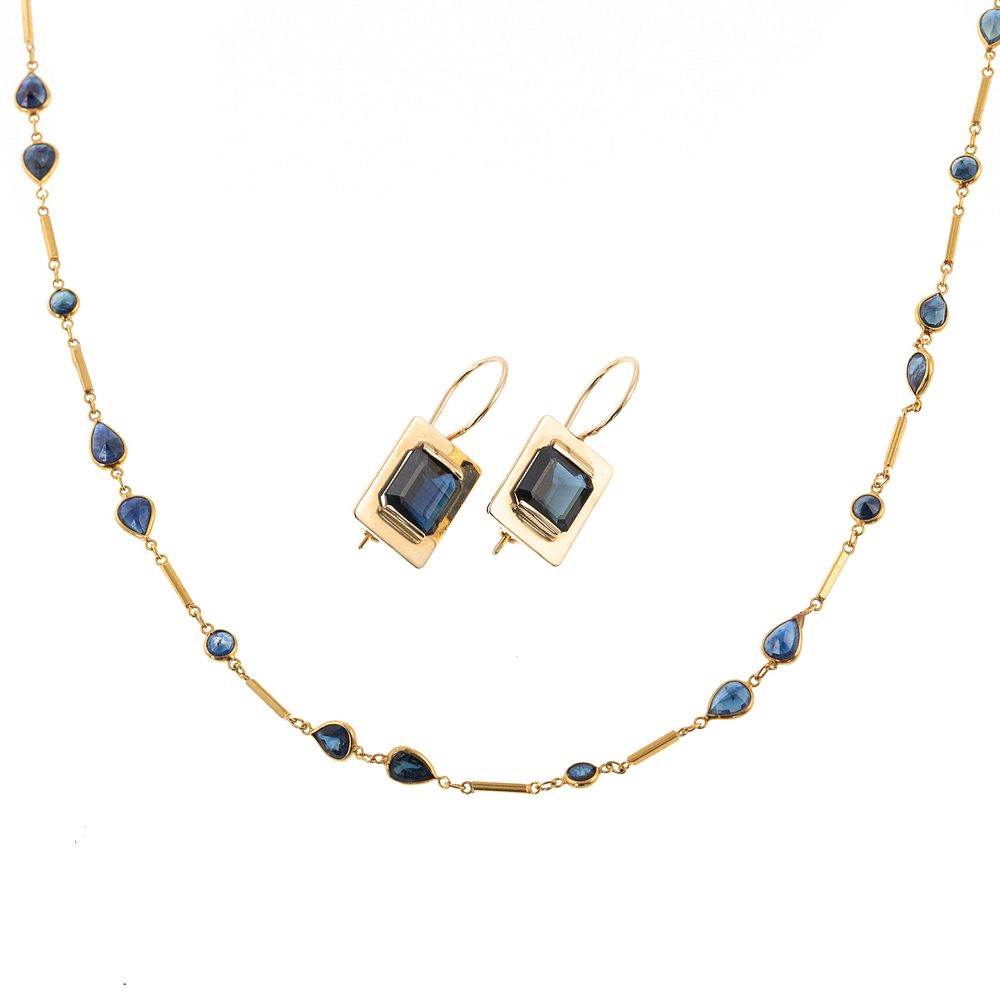 Appraisal: An K Sapphire Necklace Sapphire Earrings K yellow gold chain