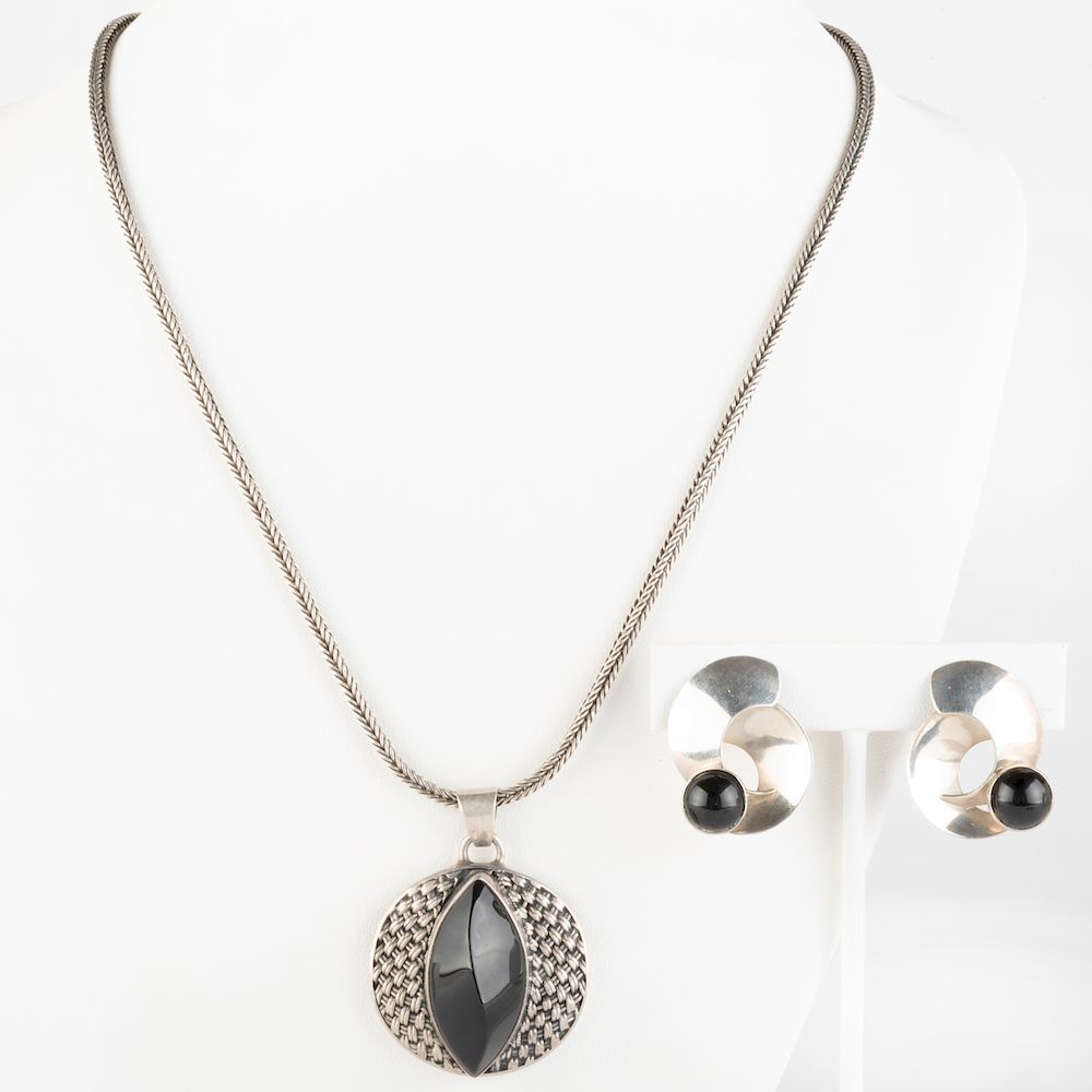 Appraisal: Lori Bonn Silver and Onyx Pendant Necklace and a Pair