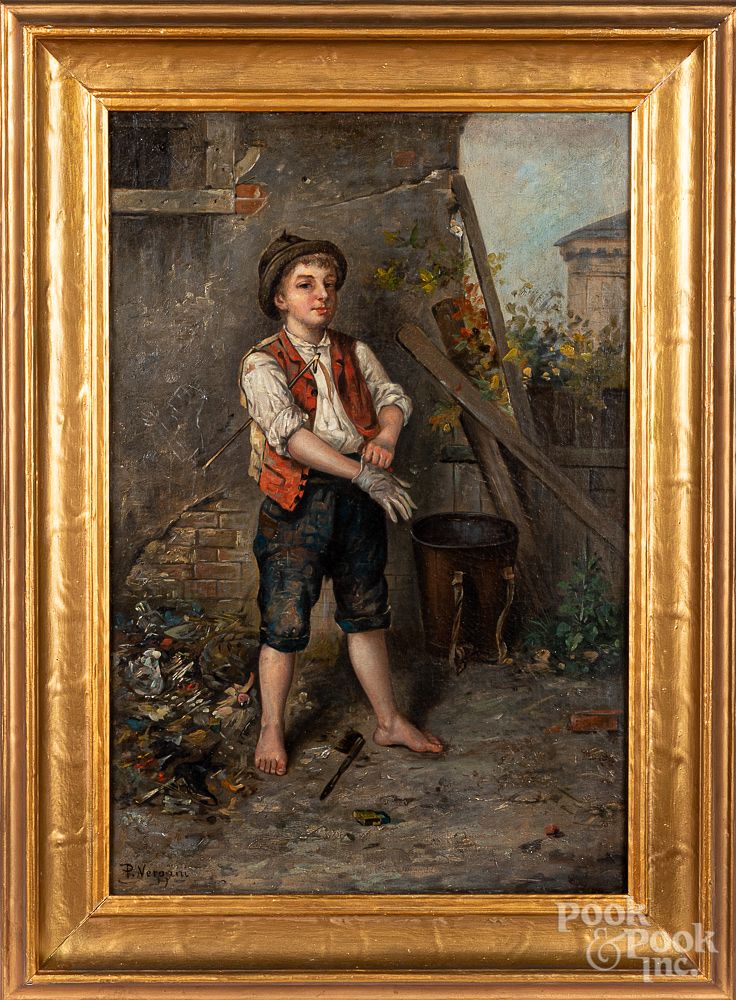 Appraisal: Italian oil on canvas of a street urchin Italian oil