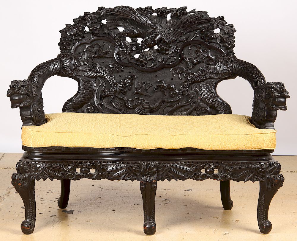 Appraisal: Antique Japanese Carved Rosewood Dragon Settee Antique Japanese Carved Rosewood