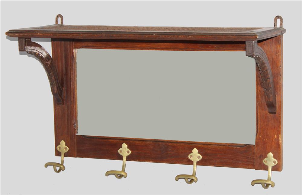 Appraisal: OAK AND BRASS HANGING SHELF AND HAT RACK early th