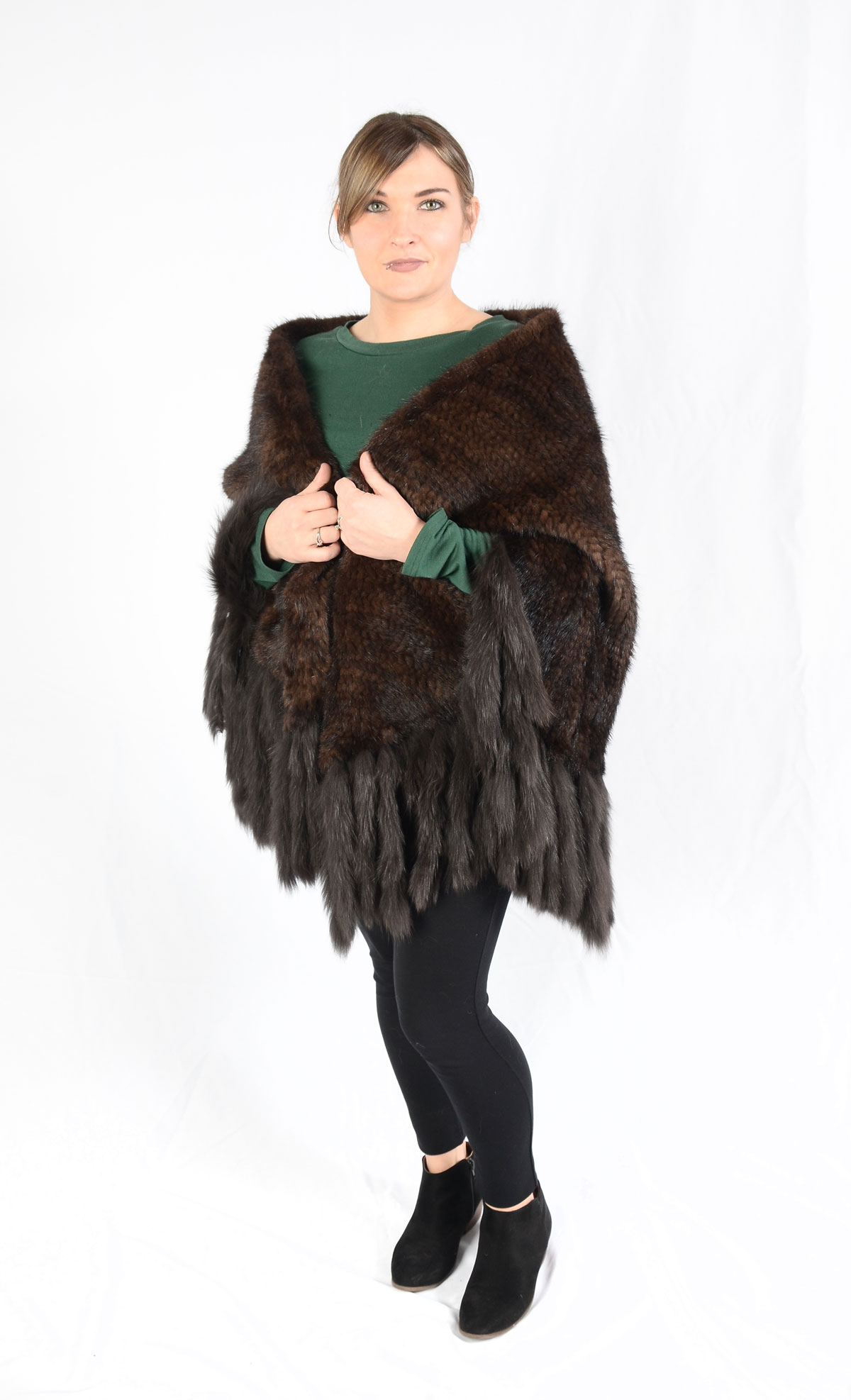 Appraisal: WOVEN BROWN FUR SHAWL WITH FUR TAILS Dark brown fur