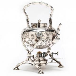 Appraisal: Chinese Export Silver Tea Kettle on Stand mark of Wang