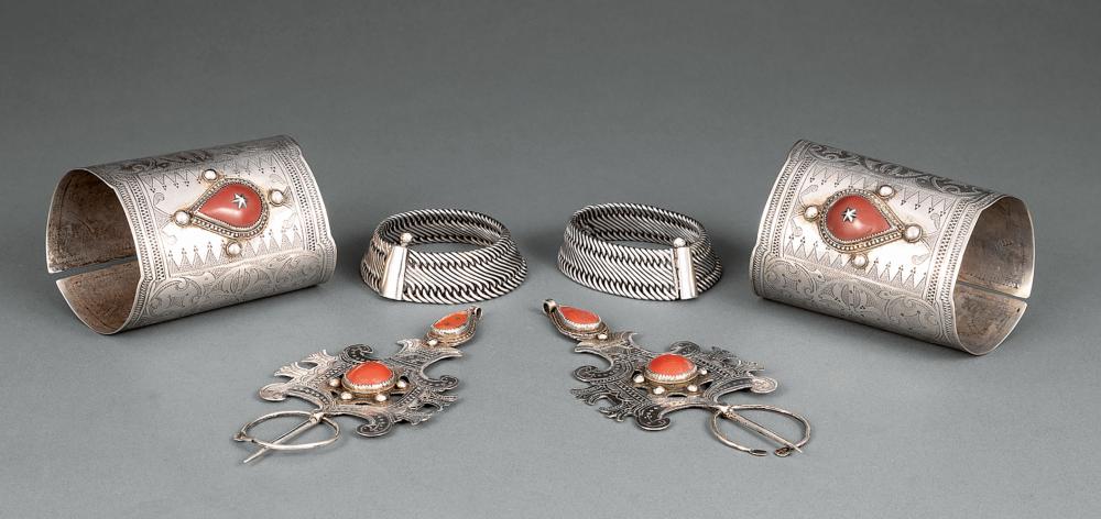 Appraisal: Pair of Moroccan Engraved Silver Cuffs and Finials set with