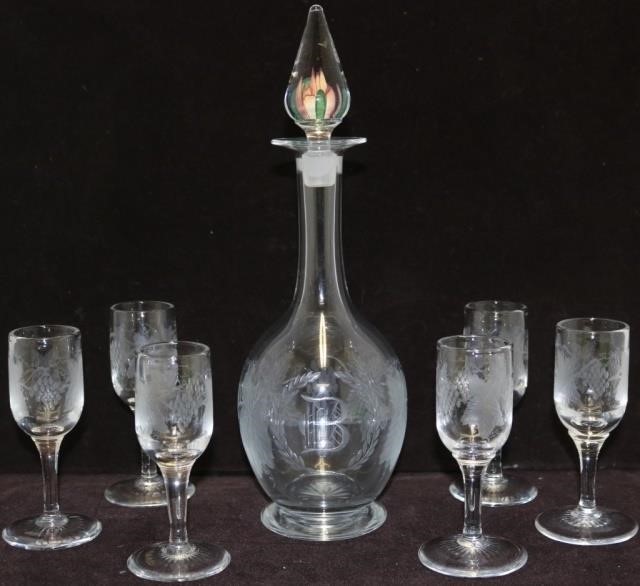 Appraisal: PAIRPOINT ENGRAVED DECANTER SET WITH MATCHINGSTEMMED CORDIALS DECANTER HAS A