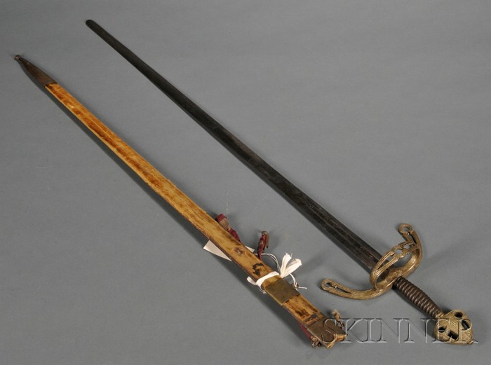 Appraisal: Brass and Steel Sword engraved brass and leather velvet-covered scabbard