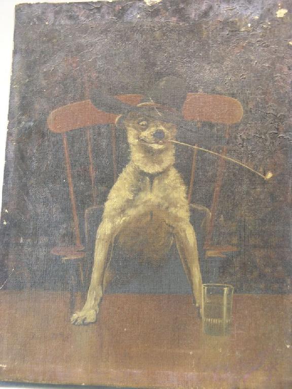 Appraisal: An oil on canvas - comical dog seated at table