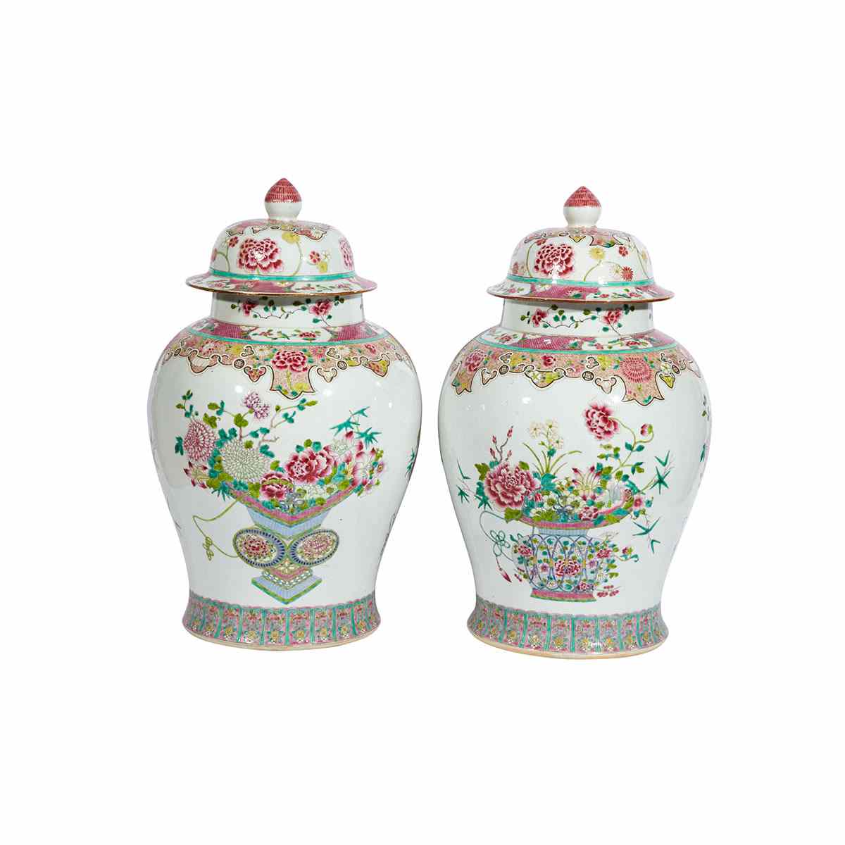 Appraisal: Pair of Export Famille Rose Jars and Covers With a