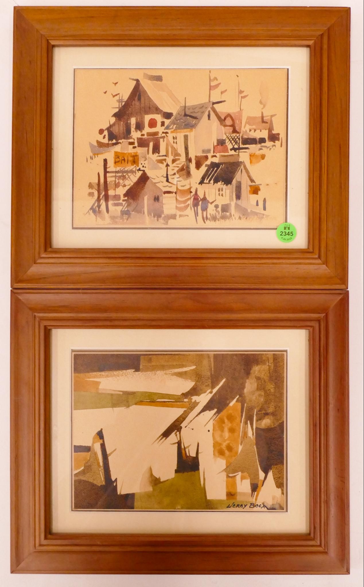 Appraisal: Pair Jerry Becker Modernist Small Watercolors Framed- x ''