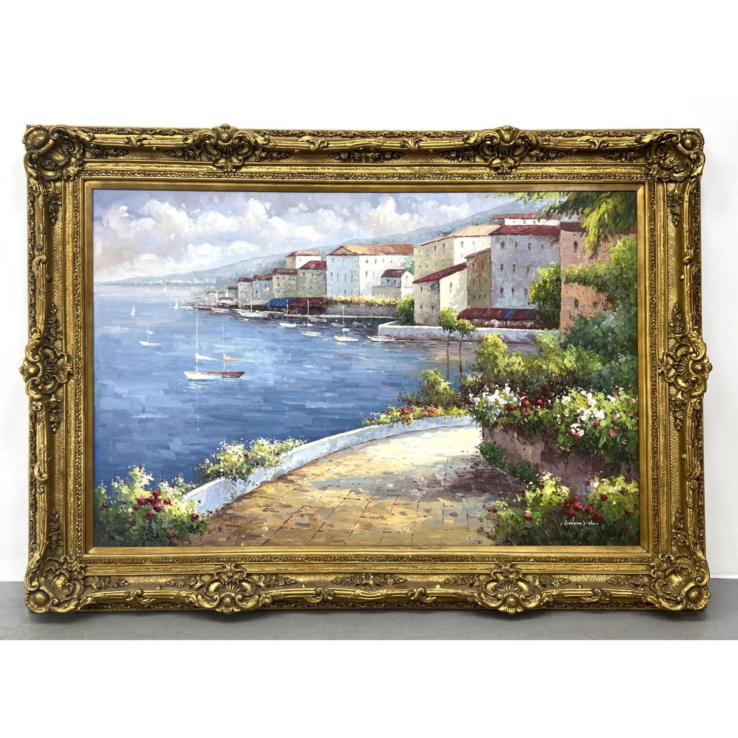 Appraisal: Large Oversized Oil Painting on Canvas Seaside Village Ornate frame