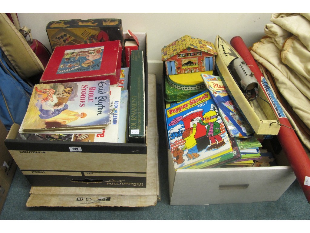 Appraisal: Two boxes of childrens books games model boat etc