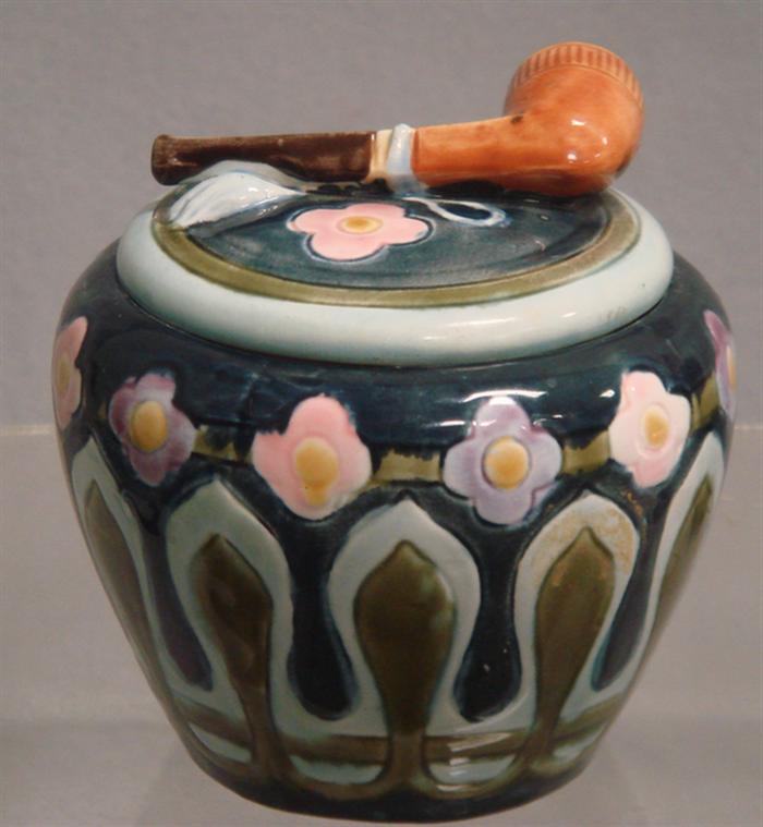 Appraisal: Majolica humidor pipe on lid impressed on bottom h no