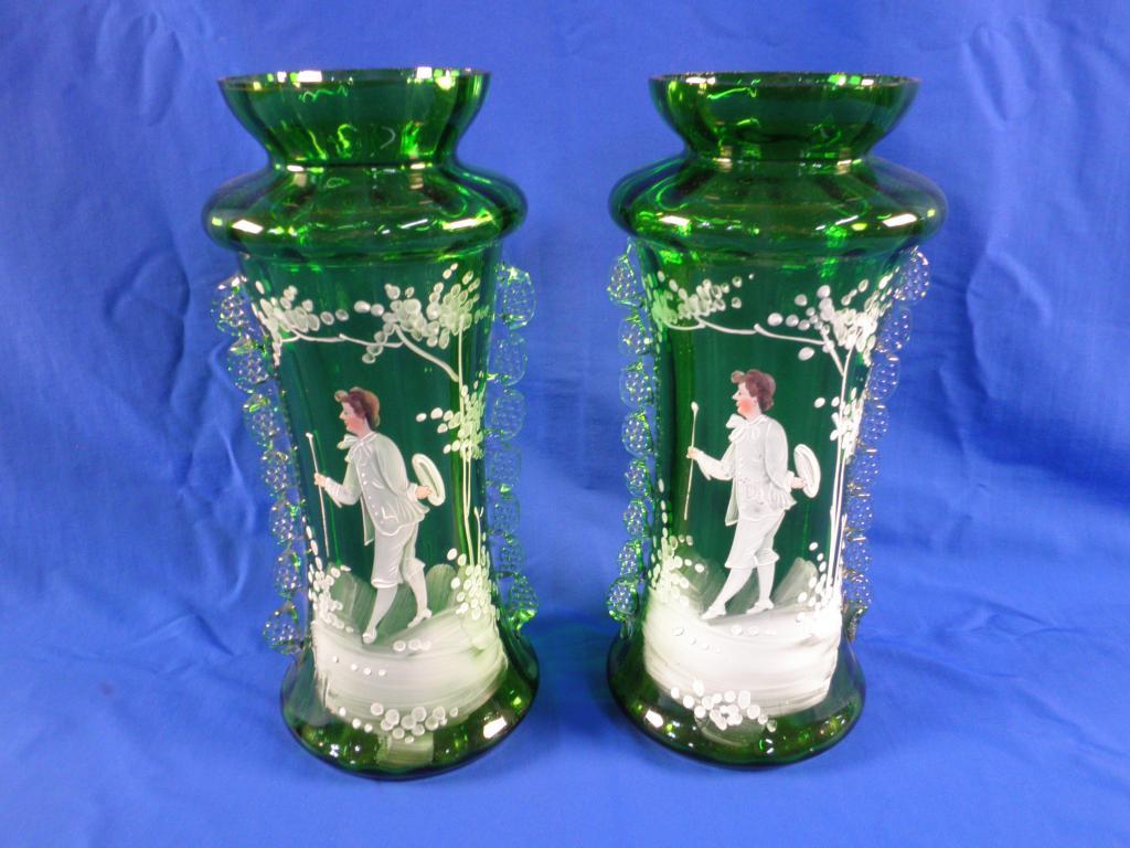 Appraisal: Two late Victorian Mary Gregory type green glass vases of