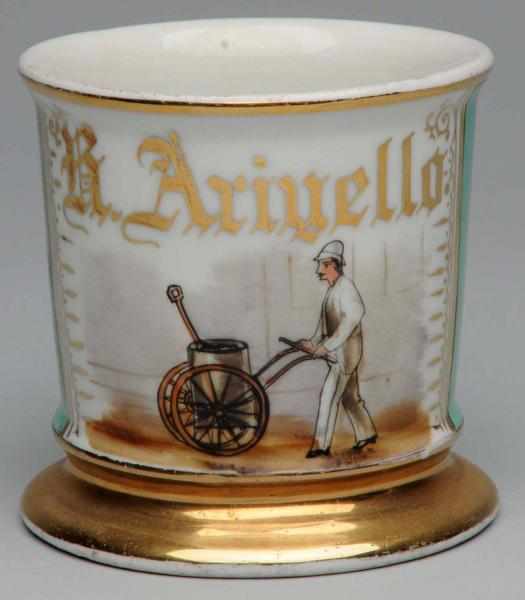 Appraisal: Street Cleaners Shaving Mug Gilt name R Ariyello Turquoise wrap