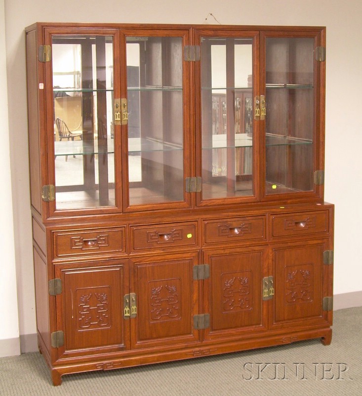 Appraisal: Chinese-style Glazed Carved Hardwood Breakfront upper section with mirrored interior