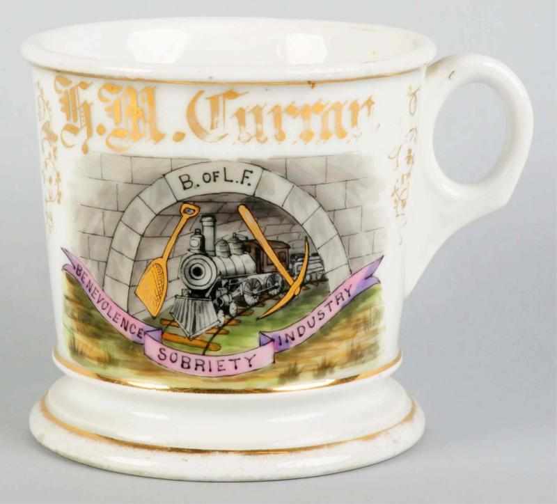 Appraisal: Fraternal Train Shaving Mug Gilt name F M Curran Fantastic