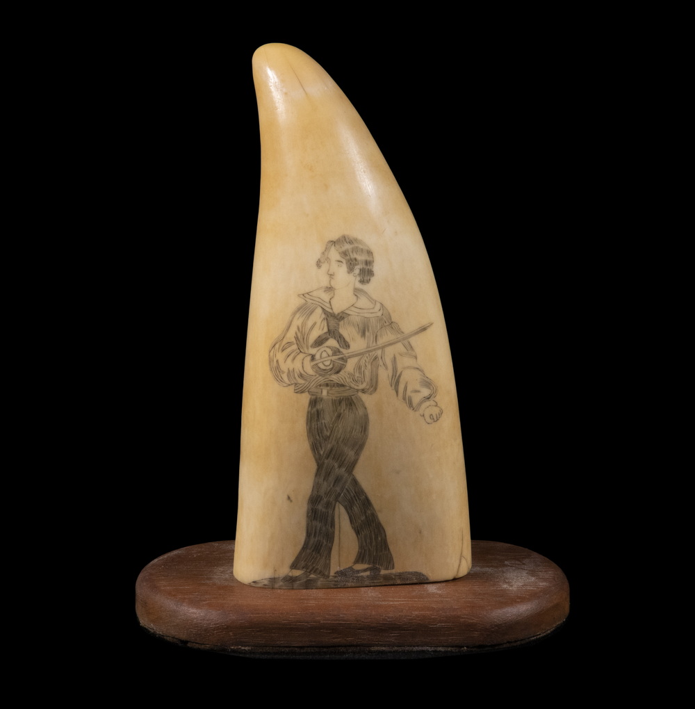 Appraisal: SCRIMSHAW DECORATED WHALE TOOTH th c Sperm Whale Tooth with