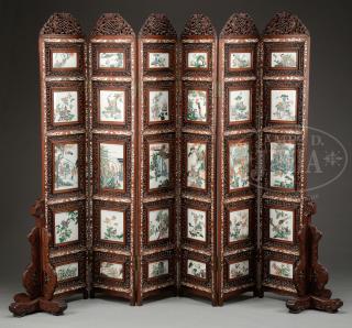 Appraisal: SIX PANEL CARVED WOOD SCREEN INSET WITH PORCELAIN TILES SIX