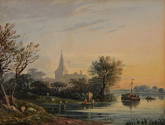 Appraisal: JOHN VARLEY - River landscape with church at sunset signed