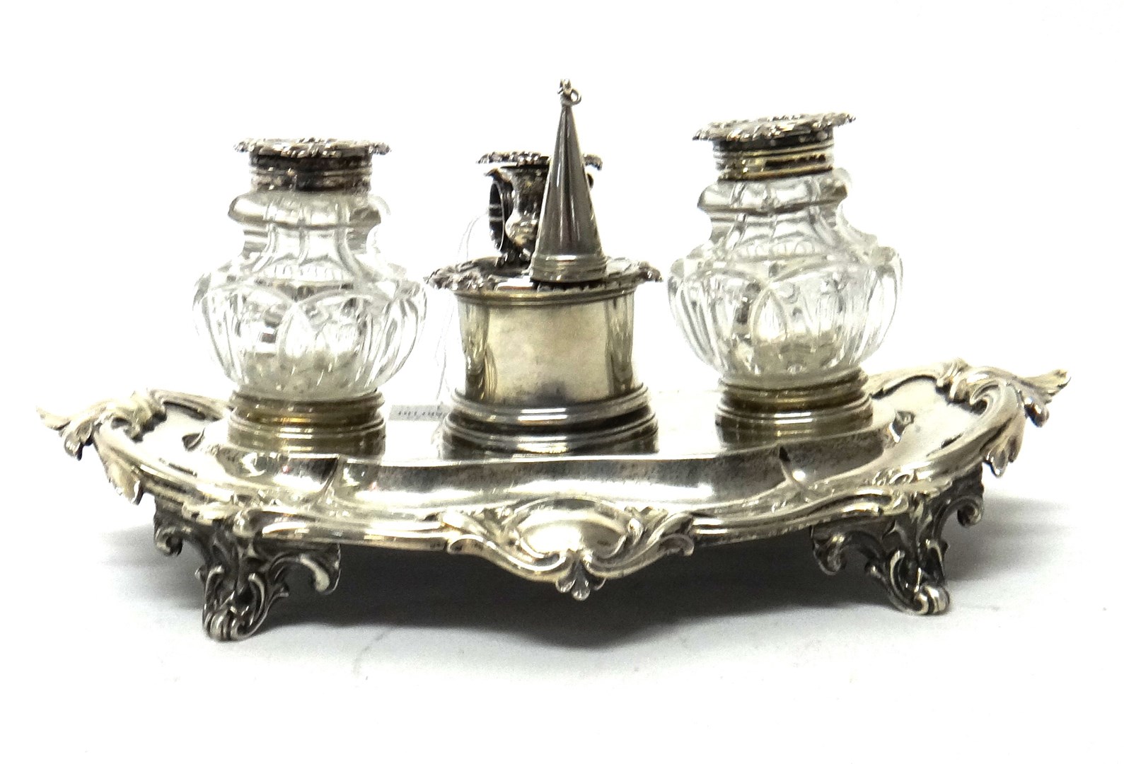 Appraisal: A Victorian silver twin bottle inkstand of shaped oval form