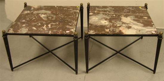 Appraisal: Pair of black painted marble top metal tables round tapered