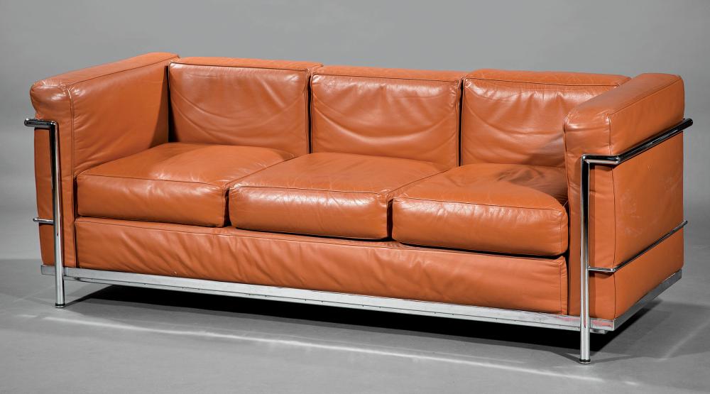 Appraisal: Corbusier-Style Chromed Steel and Leather Three Seat LC -Style Sofa