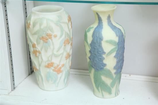 Appraisal: TWO PHOENIX GLASS VASES Yellow ground with embossed floral decoration