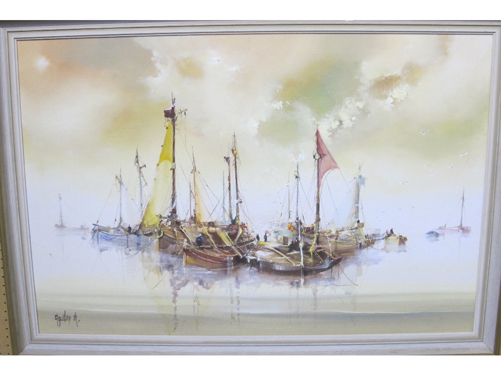 Appraisal: A AQUILAR Oil on canvas 'Moored Boats signed