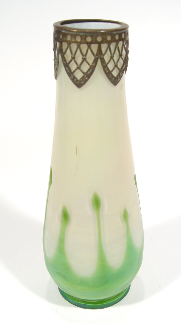 Appraisal: Art Nouveau green and white iridescent glass vase with trailed