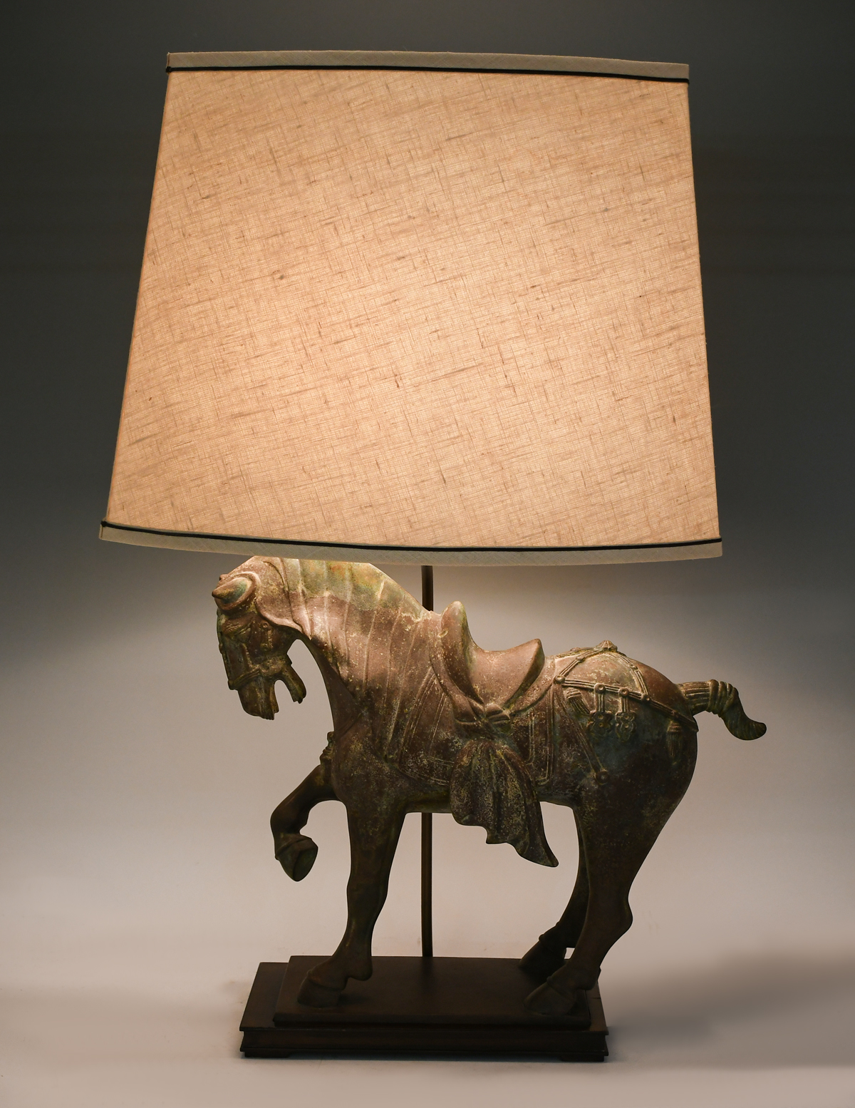 Appraisal: CHINESE TANG WAR HORSE BRONZE LAMP Chinese bronze War Horse