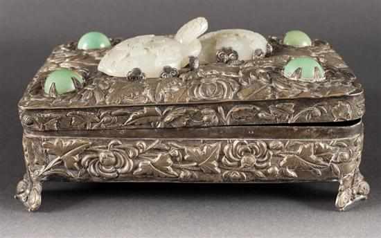 Appraisal: Chinese relief decorated metal jewelry box with inset carved hardstone