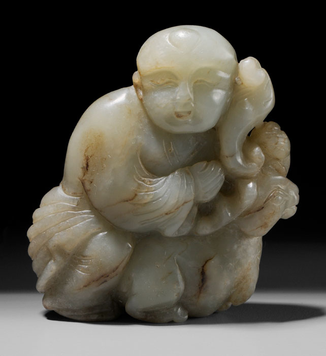 Appraisal: Jade Boy With Deer Ming Dynasty celadon jade with russet