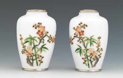 Appraisal: A Pair of Japanese White Cloisonne Vases Enamel on white