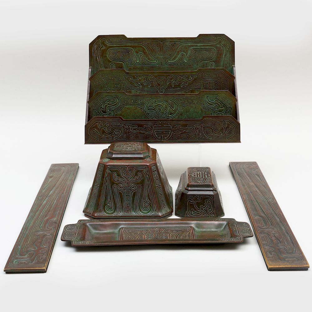 Appraisal: Tiffany Bronze Desk Set in the 'Chinese' Pattern Stamped mark