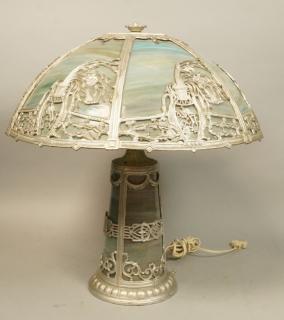 Appraisal: HANDEL Style Slag Glass Table Lamp Silver painte HANDEL Style