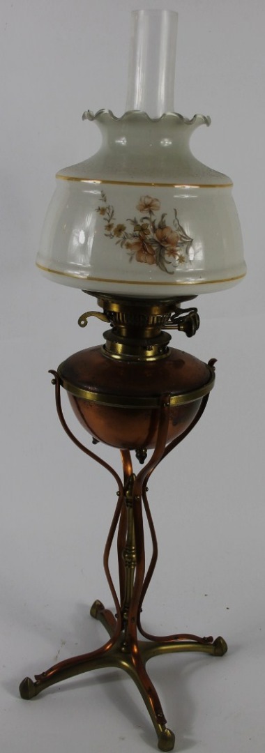 Appraisal: A WAS Benson style brass and copper table oil lamp