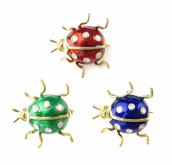 Appraisal: A set of enamel diamond and k gold lady bug