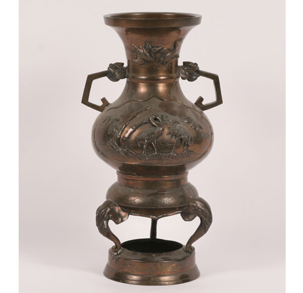 Appraisal: Asian bronze vase with one scene depicting storks double handles