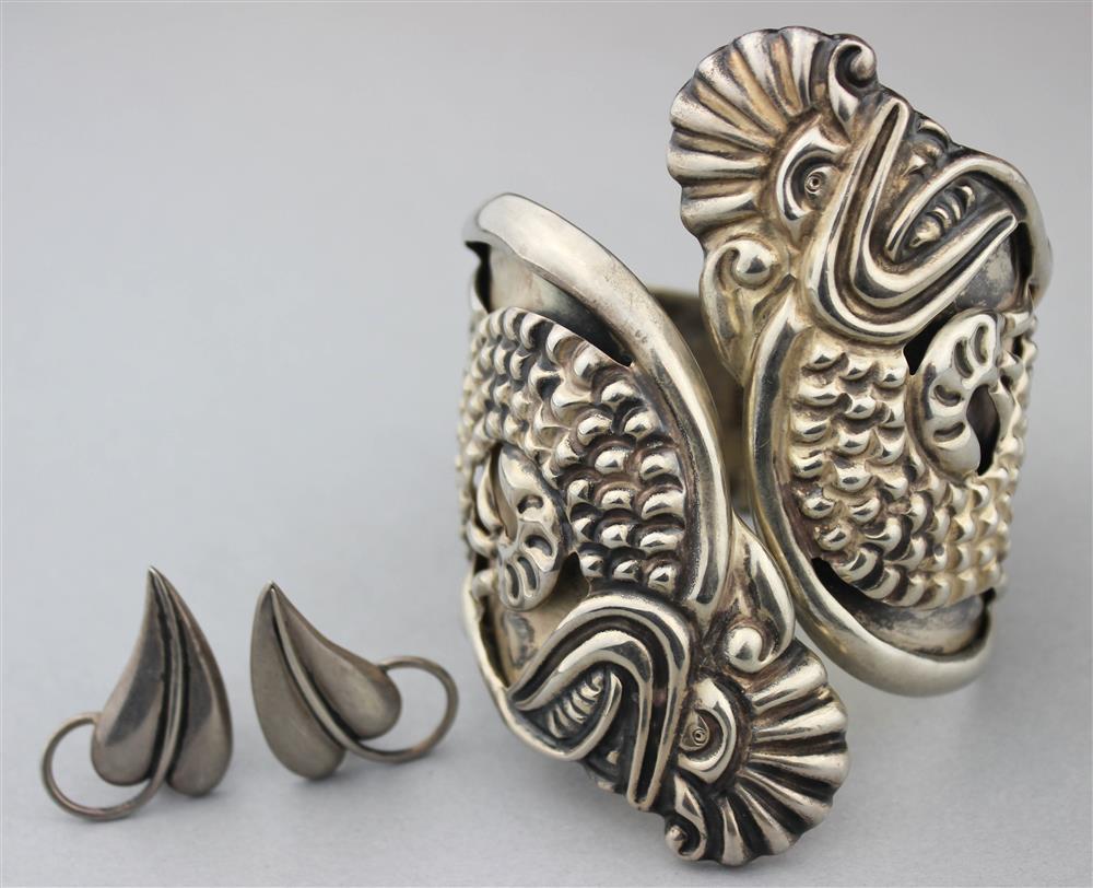 Appraisal: TAXCO STERLING HINGED CUFF AND A PAIR OF MARICELA STERLING